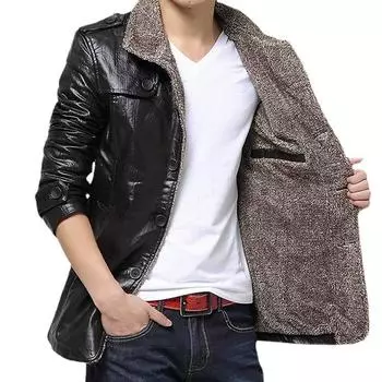 Зимняя мужская куртка из утепленной и плюшевой кожи. Мужская меховая интегрированная теплая куртка. Мужская однобортная утолщенная кожаная куртка из искусственной кожи. M