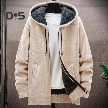 Зимняя мужская куртка из утолщенного флиса с капюшоном, застежкой-молнией на шнурок, длинными рукавами, свитером, пальто с карманами, эластичными манжетами, повседневная верхняя одежда в стиле ретро, куртка L синий