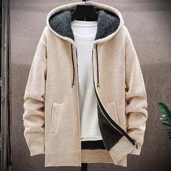 Зимняя мужская куртка из утолщенного флиса с капюшоном, застежкой-молнией на шнурок, длинными рукавами, свитером, пальто с карманами, эластичными манжетами, повседневная верхняя одежда в стиле ретро, куртка