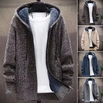 Зимняя мужская куртка из утолщенного флиса с капюшоном, застежкой-молнией на шнурок, длинными рукавами, свитером, пальто с карманами, эластичными манжетами, повседневная верхняя одежда в стиле ретро, куртка L бежевый