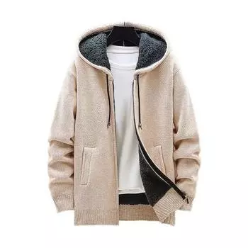 Зимняя мужская куртка из утолщенного флиса с капюшоном, застежкой-молнией на шнурок, длинными рукавами, свитером, пальто с карманами, эластичными манжетами, повседневная верхняя одежда в стиле ретро, куртка L светло-серый