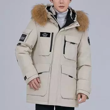 Зимняя мужская куртка-пуховик с воротником из натурального меха Prakas, толстое теплое пальто из белого утиного пуха с капюшоном, мужская верхняя одежда S чёрный