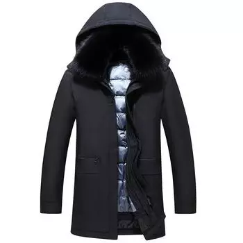 Зимняя мужская куртка-пуховик средней и длинной длины, ветрозащитная и теплая мужская куртка с капюшоном и лацканами для людей среднего и пожилого возраста M синий