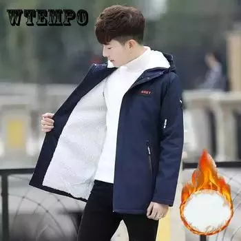 Зимняя мужская куртка с капюшоном, тонкая парка, длинная куртка, пальто плюс бархатная толстая теплая ветровка, парки из хлопка 3XL чёрный