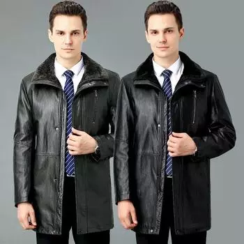 Зимняя мужская куртка средней длины из овчины и флиса в деловом стиле, толстая кожаная куртка папы 170