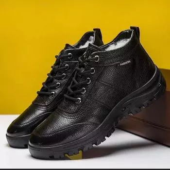 Зимняя мужская модная плюшевая и утолщенная теплая походная повседневная кожаная обувь 44 чёрный