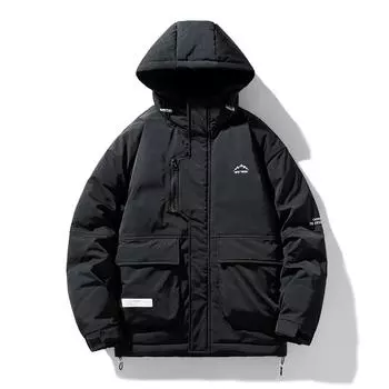 Зимняя мужская новая стеганая куртка с капюшоном, модная тенденция, фланелевая, мешковатые карманы, водонепроницаемая стеганая куртка M чёрный