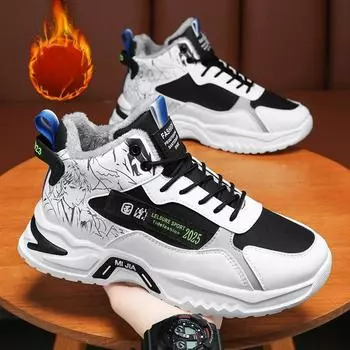 Зимняя мужская обувь, бархатные высокие туфли, мужская корейская версия, модная спортивная обувь с увеличенным голенищем, повседневная обувь для папы 39 чёрный