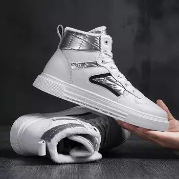 Зимняя мужская обувь с высоким берцем, прогулочная обувь белого цвета. Добавьте хлопчатобумажную повседневную обувь из парусины, увеличивающую рост. Повседневная обувь из некожи. 39 белый