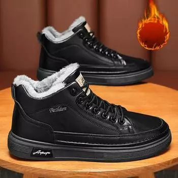 Зимняя мужская обувь с высокими плюшевыми ботинками, модная универсальная обувь, нескользящая, толстая, теплая, хлопковая мужская обувь 39 чёрный