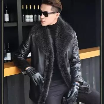 Зимняя мужская одежда из натуральной енотовидной овцы, натуральная кожа, с длинным рукавом и пуговицами, повседневное облегающее пальто с мехом, офисная деловая куртка 6XL