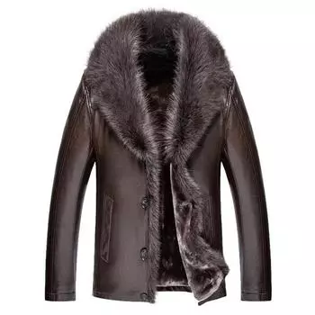Зимняя мужская одежда из натуральной енотовидной овцы, натуральная кожа, с длинным рукавом и пуговицами, повседневное облегающее пальто с мехом, офисная деловая куртка M