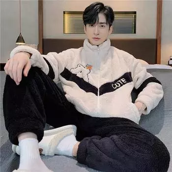 Зимняя мужская пижама из кораллового флиса, теплая фланель, свободная мягкая пижама на молнии, модная мужская домашняя одежда L