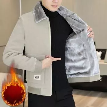 Зимняя мужская плюшевая вельветовая толстая куртка с искусственным мехом на лацканах, пальто из шерстяных смесей, повседневное деловое пальто, ветрозащитный плащ для общественных мест M бежевый