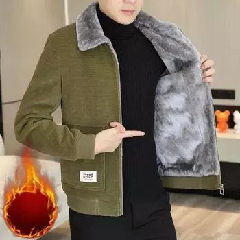 Зимняя мужская плюшевая вельветовая толстая куртка с искусственным мехом на лацканах, пальто из шерстяных смесей, повседневное деловое пальто, ветрозащитный плащ для общественных мест M бежевый