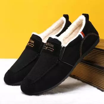Зимняя мужская прогулочная повседневная обувь, сохраняющие тепло, лоферы из хлопка, офисные теплые черные модельные туфли с плюшем 38 чёрный