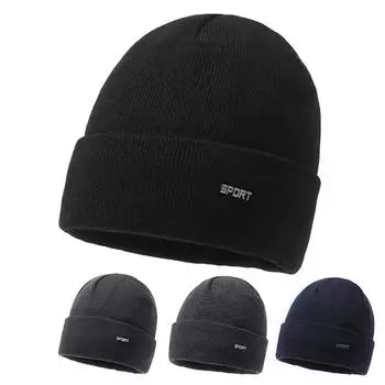 Зимняя мужская шапка Лыжная теплая бархатная толстая шерстяная шапка Хлопковая уличная езда с защитой ушей Вязаная шапка с рукавами Шапочки Skullies Шапки с напуском для лыж чёрный