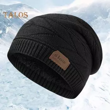 Зимняя мужская шапка, трикотажная эластичная шапка с ворсом, толстая плюшевая подкладка, однотонная защита ушей, теплая повседневная кепка для катания на лыжах и коньках, головной убор красный