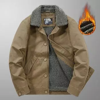 Зимняя мужская шерстяная утолщенная хлопковая подкладка с хлопковой подкладкой, теплая кашемировая куртка с отворотом, однобортная куртка-карго с хлопковой подкладкой M хаки