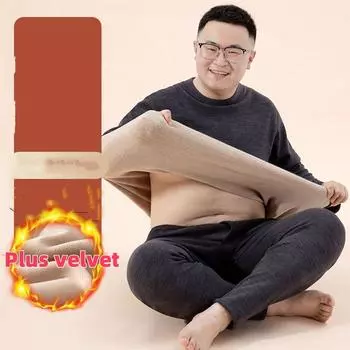 Зимняя мужская теплая футболка с флисовой подкладкой, толстый однотонный свитер с круглым вырезом, базовый комплект термобелья, топ и штаны, большой размер 3XL