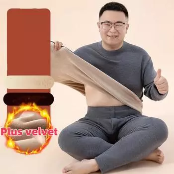 Зимняя мужская теплая футболка с флисовой подкладкой, толстый однотонный свитер с круглым вырезом, базовый комплект термобелья, топ и штаны, большой размер 2XL чёрный