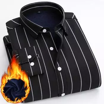 Зимняя мужская теплая рубашка с длинным рукавом из хлопкового флиса, утолщенная, повседневная, для среднего возраста, полосатая рубашка, верхняя часть M белый