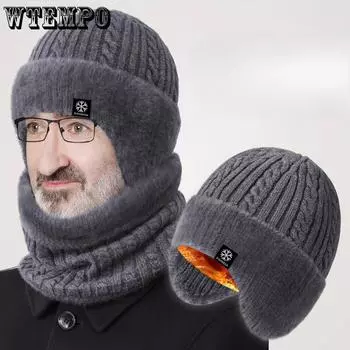 Зимняя мужская теплая вязаная шапка с толстым бархатом, шерстяная шапка, защита ушей, хлопковая шапка One size чёрный