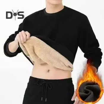 Зимняя мужская толстовка из утолщенного плюша, сохраняющая тепло, с круглым вырезом, длинными рукавами, эластичными манжетами, размер плюс, однотонный низ, верхняя часть, повседневная одежда L чёрный