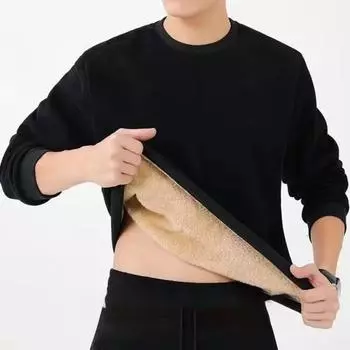 Зимняя мужская толстовка из утолщенного плюша, сохраняющая тепло, с круглым вырезом, длинными рукавами, эластичными манжетами, размер плюс, однотонный низ, верхняя часть, повседневная одежда L чёрный