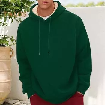 Зимняя мужская толстовка с капюшоном, однотонная, с плюшевой подкладкой, свободная, с длинными рукавами, на шнурке, с эластичными манжетами, повседневная толстовка с капюшоном L зелёный