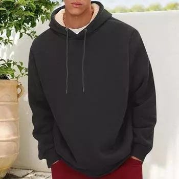 Зимняя мужская толстовка с капюшоном, однотонная, с плюшевой подкладкой, свободная, с длинными рукавами, на шнурке, с эластичными манжетами, повседневная толстовка с капюшоном L жёлтый