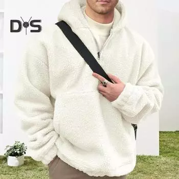 Зимняя мужская толстовка с капюшоном с большим передним карманом, двухсторонняя фланелевая куртка с полумолнией, свободный длинный рукав, термотоп с эластичными манжетами, повседневная толстовка с капюшоном 2XL белый