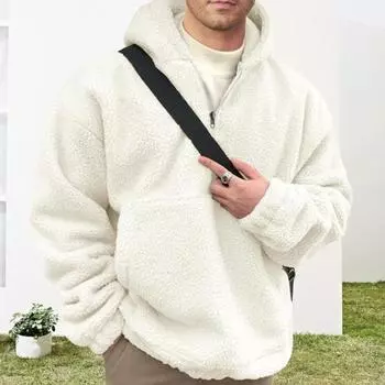Зимняя мужская толстовка с капюшоном с большим передним карманом, двухсторонняя фланелевая куртка с полумолнией, свободный длинный рукав, термотоп с эластичными манжетами, повседневная толстовка с капюшоном 2XL белый