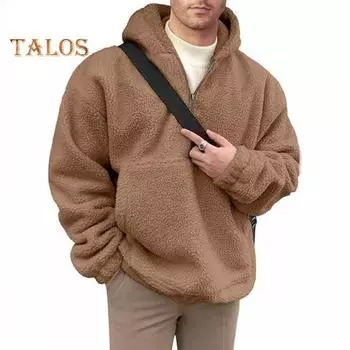 Зимняя мужская толстовка с капюшоном с большим передним карманом, двухсторонняя фланелевая куртка с полумолнией, свободный длинный рукав, термотоп с эластичными манжетами, повседневная толстовка с капюшоном M белый