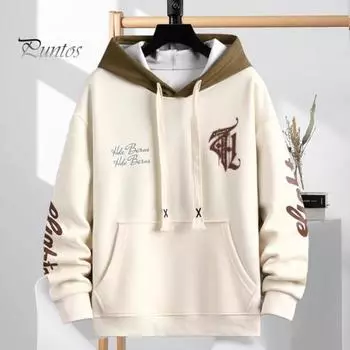 Зимняя мужская толстовка с капюшоном, затягивающимся шнурком, с принтом букв, цветная хип-хоп-стиль, свободный размер, утолщенная, теплая, удерживающая верхняя одежда M хаки