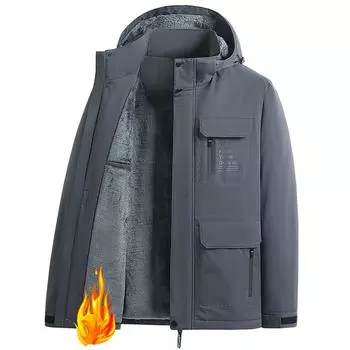 Зимняя мужская уличная ветрозащитная водонепроницаемая куртка-карго с капюшоном, теплая стеганая куртка со съемной кепкой с несколькими карманами M серый