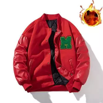 Зимняя мужская университетская куртка женская бейсбольная куртка с кожаным рукавом мотоциклетное пальто на пуговицах теплые студенческие парки XXXL красный