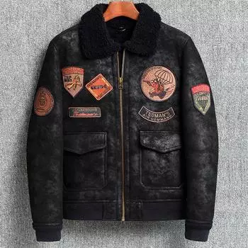 Зимняя мужская утепленная куртка из натуральной овечьей кожи, потертый стиль в стиле ретро S чёрный
