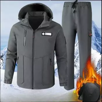 Зимняя мужская ветрозащитная и водонепроницаемая куртка Plus Velvet Soft Shell, износостойкий многокарманный утепленный комбинезон M чёрный