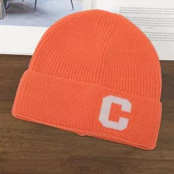 Зимняя мужская вязаная шапка эластичная с буквенным декором утолщенная однотонная защита ушей теплая вино красного