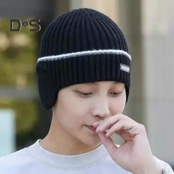 Зимняя мужская вязаная шапка, эластичная, утолщенная, однотонная, с защитой ушей, теплая, повседневная, для катания на лыжах, коньках, головной убор чёрный