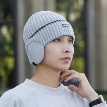 Зимняя мужская вязаная шапка, эластичная, утолщенная, однотонная, с защитой ушей бежевый