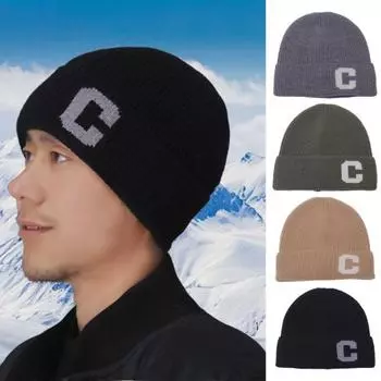 Зимняя мужская вязаная шапка с эластичным буквенным декором, утолщенная, однотонная, для защиты ушей, теплая, повседневная, для катания на лыжах, коньках, головной убор серый