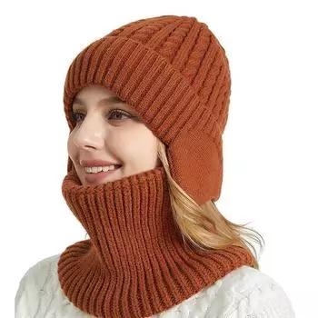 Зимняя мужская женская вязаная шапка, шарф, двухсекционная теплая шапка для защиты ушей чёрный