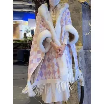 Зимняя накидка с капюшоном, шаль, набитая ворсом, утолщенная, средней и длинной длины, воротник из экологически чистого меха, рукав «летучая мышь», ромбовидная шерстяная куртка с бахромой Default