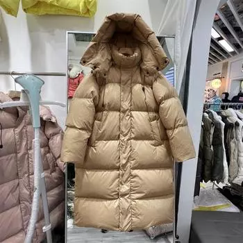 Зимняя негабаритная пуховая куртка женская средней длины до колена свободная и толстая куртка с капюшоном S