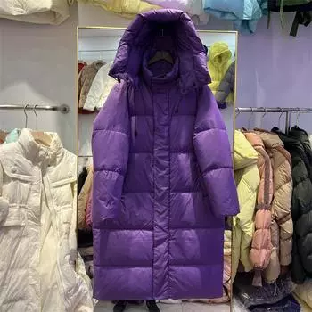 Зимняя негабаритная пуховая куртка женская средней длины до колена свободная и толстая куртка с капюшоном