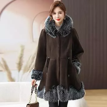 Зимняя норковая куртка для мам среднего возраста, одежда для женщин среднего и пожилого возраста, шуба широкая, слишком длинная, средней и длинной благородной шерсти XL [recommended within 52.5kg] темный кофе