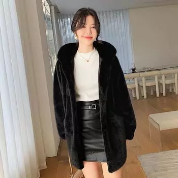 Зимняя новая экологически чистая шуба женская средняя и длинная с капюшоном корейская версия темперамент норковая бархатная шуба прилив S [within 50 kg] слоновая кость