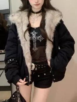 Зимняя новая элегантная подкладка меховое свободное пальто для женщин Y2k меховой воротник капюшон толстые модные парки повседневная верхняя одежда хлопковые стеганые куртки S чёрный